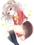  1girl between_legs black_legwear blue_eyes blush bow charlotte_(anime) hand_between_legs kneehighs looking_at_viewer midriff pinb pleated_skirt school_uniform silver_hair skirt solo tomori_nao twintails white_legwear 