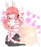  1girl animal_ears black_legwear bra breasts caster_(fate/extra) cleavage collarbone fang fate/extra fate_(series) fox_ears fox_tail hair_ribbon heart large_breasts looking_at_viewer open_mouth pink_bra pink_hair ribbon sitting solo sudaeda tail underwear yellow_eyes 