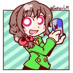  1girl :d blush_stickers bow braid brown_hair eyebrows eyebrows_visible_through_hair formal hair_bow holding_can idolmaster idolmaster_cinderella_girls open_mouth pink_eyes red_bull senkawa_chihiro setter_(seven_stars) single_braid smile solo suit twitter_username 