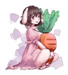  1girl animal_ears carrot carrot_necklace dress highres hoshibuchi inaba_tewi jewelry pendant pink_dress rabbit_ears sitting sketch solo touhou 