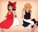  2girls blonde_hair blush brown_eyes brown_hair commentary frills hair_ribbon hair_tubes hakurei_reimu hand_on_another&#039;s_hand hat hat_removed headwear_removed kirisame_marisa multiple_girls nekolina ribbon sitting smile touhou yellow_eyes yuri 