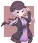  1girl balloom_17 black_jacket blush bow buttons dress frills hand_on_headwear hat jacket long_hair looking_at_viewer low_twintails plait purple_bow purple_dress purple_hat red_bow silver_hair smile solo twintails violet_eyes vocaloid voiceroid white_hair yuzuki_yukari 