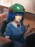  1girl backpack bag blue_eyes blue_hair double_sided_wrench dress hair_bobbles hair_ornament hat kawashiro_nitori key looking_at_viewer minami_koyogi pocket puffy_short_sleeves puffy_sleeves short_hair short_sleeves skirt skirt_set smile solo touhou twintails two_side_up wrench 
