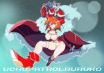  1girl bangs boots breasts cleavage coat fur_trim grin hat lalaco_godspeed ochiai_maharu orange_hair pirate pirate_hat revealing_clothes short_hair skull_and_crossbones smile solo thigh_strap uchuu_patrol_luluco 