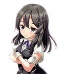  1girl backlighting black_eyes black_hair collared_shirt crossed_arms gloves hair_ornament hairclip kantai_collection light_smile long_hair oyashio_(kantai_collection) school_uniform shirt sidelocks simple_background solo tk8d32 upper_body vest white_background white_gloves white_shirt 