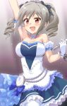  :d arms_up blush breasts cleavage detached_sleeves dress drill_hair gloves grey_hair idolmaster idolmaster_cinderella_girls kanzaki_ranko large_breasts long_hair microphone open_mouth red_eyes smile strapless strapless_dress thigh-highs uraichishi white_gloves white_legwear 