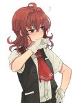  1girl ahoge arashi_(kantai_collection) arm_up ascot black_vest blush buttons closed_mouth expressionless eyebrows eyebrows_visible_through_hair gloves grey_eyes hair_between_eyes hand_on_hip hita_(hitapita) kantai_collection looking_away looking_to_the_side red_ascot redhead shirt short_hair short_sleeves simple_background solo squiggle unbuttoned vest white_background white_gloves white_shirt wing_collar 