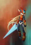  1boy android artist_name blonde_hair blue_eyes clenched_hand dated energy_sword full_body haje helmet long_hair male_focus rockman rockman_zero signature solo sword very_long_hair weapon zero_(rockman) 