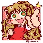 &gt;:) /\/\/\ 1girl blonde_hair blush_stickers character_request clenched_hand eyebrows eyebrows_visible_through_hair fire green_eyes idolmaster idolmaster_cinderella_girls long_hair open_mouth pointing pointing_forward ponytail setter_(seven_stars) smile solo sweater twitter_username 