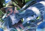  1girl absurdres aqua_eyes aqua_hair armpits arms_up bow clouds cloudy_sky collarbone daidou_(demitasse) flower frilled_skirt frills hair_between_eyes hair_bow hat hat_bow hatsune_miku highres holding holding_hat leaf long_hair looking_at_viewer nature open_mouth outdoors sailor_collar skirt sky sleeveless smile solo stairs straw_hat sweat tree twintails very_long_hair vocaloid wind 