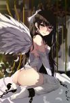  1girl angel_wings ass bba1985 black_hair blush breasts cage chain chained cuffs elbow_gloves feathered_wings feathers gloves highres long_hair looking_at_viewer original parted_lips sitting smile solo white_gloves white_legwear white_wings wings 