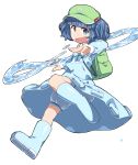  1girl backpack bag bangs bloomers blue_boots blue_eyes blue_hair blunt_bangs boots dress dress_shirt hair_bobbles hair_ornament hat highres kawashiro_nitori long_sleeves looking_at_viewer monosenbei one_leg_raised open_mouth pocket rubber_boots shirt short_hair simple_background skirt skirt_set smile solo touhou two_side_up underwear water white_background 