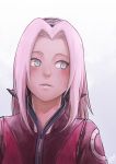  1girl absurdres aqua_eyes blush forehead_protector haruno_sakura highres looking_to_the_side naruto parted_lips pink_hair portrait shiori_lee_jeng solo 