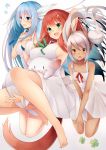  3girls :d barefoot blue_eyes blue_hair breasts dark_skin dress green_eyes highres inaba_sunimi long_hair multiple_girls open_mouth original redhead smile tail twintails white_hair 