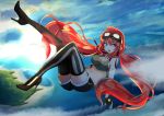  1girl amano_tora bandaged_arm bare_shoulders black_legwear blue_eyes breasts cleavage clouds fingerless_gloves flying gloves goggles goggles_on_head high_heels highres island kazenoko leg_up lens_flare long_hair looking_at_viewer low_twintails midriff ocean open_mouth original redhead shorts sky solo striped striped_legwear sunrise tank_top thigh-highs twintails very_long_hair 