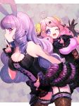  2girls ;d animal_ears chuchu_(show_by_rock!!) drill_hair finger_to_mouth fishnet_legwear fishnets from_side garter_straps horns long_hair moa_(show_by_rock!!) momoshiki_tsubaki multiple_girls one_eye_closed open_mouth pink_eyes pink_hair profile purple_hair rabbit_ears revision ribbon-trimmed_legwear ribbon_trim sheep_ears sheep_horns show_by_rock!! shushing smile thigh-highs 
