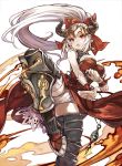 1girl aleeza_(granblue_fantasy) armor armored_boots boots breasts dress earrings fighting_stance fire granblue_fantasy highres horns jewelry large_breasts long_hair pointy_ears ponytail red_dress red_eyes shibano_kaito silver_hair solo white_legwear 