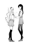  2girls blush breast_grab closed_eyes commentary_request grabbing height_difference kneehighs long_hair monochrome multiple_girls original pantyhose siraume_nazuna skirt smile sweat yuri 