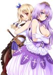  2girls back-to-back bare_shoulders blonde_hair blue_eyes breasts choker cleavage corset crossed_arms doyagao dress frills hair_ornament large_breasts lavender_hair looking_back multiple_girls open_mouth purple_dress ran_koi red_eyes sheath sheathed smug sword tiara tokunou_shoutarou weapon white_background 