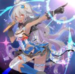  1girl alternate_costume commentary_request dress gloves granblue_fantasy hair_ornament idol long_hair microphone pinky_out red_eyes silver_hair tajima_ryoushi the_order_grande thigh-highs 