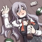  1girl ascot bottle breasts drunk grey_eyes grey_hair kantai_collection large_breasts long_hair lying open_clothes open_mouth open_shirt pola_(kantai_collection) shirt suizennji 