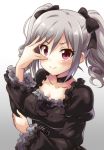  1girl drill_hair gothic_lolita idolmaster idolmaster_cinderella_girls kanzaki_ranko lolita_fashion looking_at_viewer red_eyes silver_hair simple_background smile solo twin_drills uraichishi 