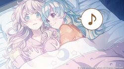  2girls bed bed_sheet bedroom blush breast_grab grabbing groping incest indoors long_hair lying multiple_girls musical_note official_art on_bed open_mouth pillow quaver siblings smile tsui_yuri_okaa_san_ni_wa_naisho_da_yo yuri 