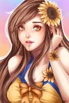  bare_shoulders bow brown_eyes brown_hair flower hair_ornament joyo league_of_legends leona_(league_of_legends) lipstick makeup one-piece_swimsuit open_mouth pool_party_leona riot_games sunflower swimsuit upper_body 