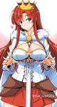 1girl aqua_eyes boudica_(fate/grand_order) breasts cleavage cleavage_cutout fate/grand_order fate_(series) fue_(rhomphair) juliet_sleeves large_breasts long_hair long_sleeves puffy_sleeves redhead smile solo sword weapon 
