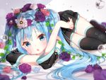  1girl :o arm_up bare_shoulders bed_sheet black_boots black_legwear black_skirt blue_eyes blue_hair blush boots detached_sleeves flower flower_wreath foreshortening full_body hand_on_own_arm hatsune_miku head_wreath highres holding_arm jimmy leaf long_hair long_sleeves looking_at_viewer lying on_stomach open_mouth pink_rose plant pleated_skirt purple_rose rose simple_background skirt solo tareme thigh-highs thigh_boots twintails very_long_hair vines vocaloid water water_drop white_background zettai_ryouiki 