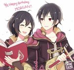  1boy 1girl 2016 ahoge artist_name black_hair book character_name closed_eyes dinikee dual_persona fire_emblem fire_emblem:_kakusei gloves hair_between_eyes happy_birthday height_difference hood hooded_jacket jacket laughing mark_(fire_emblem) open_mouth short_hair smile sword weapon 