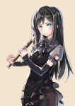  &gt;:) 1girl alternate_costume asashio_(kantai_collection) black_hair blue_eyes coffee_cat detached_sleeves instrument kantai_collection long_hair looking_at_viewer recorder simple_background sketch smile solo sweatdrop 