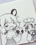  2girls :o =_= animal_ears blush capelet closed_eyes drooling eating finger_to_mouth flower food food_on_face from_side greyscale hat highres kasuga_yuuki laughing long_sleeves looking_at_viewer looking_back looking_to_the_side lotus monochrome mouse_ears multiple_girls nazrin o-ring onigiri open_mouth rice round_teeth saliva short_hair teeth toramaru_shou touhou upper_body 