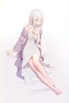  1girl bare_legs bare_shoulders barefoot blush collar elf emilia_(re:zero) eyebrows eyebrows_visible_through_hair flower frills full_body gradient gradient_background grey_background hair_flower hair_ornament hand_on_own_chest highres jewelry leaning_back long_hair looking_at_viewer maredoro nightgown pointy_ears re:zero_kara_hajimeru_isekai_seikatsu silver_hair sitting smile solo very_long_hair violet_eyes 