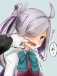  1girl ahoge akino_shuu alternate_eye_color asashimo_(kantai_collection) blush bow bowtie dress fangs finger_in_another&#039;s_mouth gloves hair_over_one_eye kantai_collection long_hair long_sleeves looking_at_viewer looking_to_the_side multicolored_hair open_mouth ponytail purple_hair saliva school_uniform sharp_teeth shirt silver_hair simple_background sleeveless sleeveless_dress teeth violet_eyes white_gloves white_shirt 