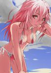  1girl arm_up bikini breasts chikkinage_nage cleavage guilty_crown hair_ornament hairclip hand_in_hair long_hair looking_at_viewer navel pink_hair red_eyes solo swimsuit yuzuriha_inori 