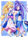  2girls asahina_mirai blonde_hair blue_background bracelet braid choker cure_magical cure_miracle hat heart holding_hands izayoi_liko jewelry long_hair looking_at_viewer magical_girl mahou_girls_precure! midriff mini_hat mini_witch_hat multiple_girls navel ponytail precure purple_hair red_eyes sapphire_style smile star violet_eyes witch_hat yukiya_(shiya) 