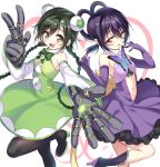  2girls :d :p armpits bare_shoulders black_hair black_legwear black_shoes blush bow bowtie braid butterfly center_opening dress elbow_gloves gan_(shanimuni) gloves green_dress green_eyes hair_rings hand_gesture high_heels highres hinata_kagari hinata_matsuri looking_at_viewer magical_girl mahou_shoujo_madoka_magica mahou_shoujo_suzune_magica mechanical_hand midriff multiple_girls navel one_leg_raised open_mouth outstretched_arm outstretched_hand pantyhose purple_dress purple_gloves shoes siblings simple_background sisters smile standing_on_one_leg thigh-highs tongue tongue_out twintails v white_background 