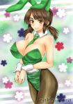  1girl animal_ears armpits artist_name bangs bare_arms bare_shoulders between_breasts black_legwear breasts brown_eyes brown_hair bunny_girl bunnysuit cleavage closed_mouth collarbone cowboy_shot detached_collar eyebrows eyebrows_visible_through_hair fake_animal_ears floral_background green_leotard green_necktie hairband large_breasts leotard lips looking_at_viewer low_twintails marker_(medium) mori_sonou necktie necktie_between_breasts pantyhose parted_bangs rabbit_ears short_twintails sidelocks smile solo strapless strapless_leotard suzumiya_haruhi_no_yuuutsu takecha thick_eyebrows thighs traditional_media twintails wrist_cuffs 