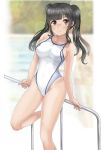  1girl black_hair brown_eyes competition_swimsuit highres long_hair mashinatsu one-piece_swimsuit original railing standing swimsuit twintails white_swimsuit 