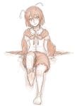  1girl antennae arm_support barefoot blush cape full_body highres kuro_suto_sukii leg_up looking_at_viewer monochrome open_mouth simple_background single_sock sitting sketch smile socks solo touhou white_background wriggle_nightbug 