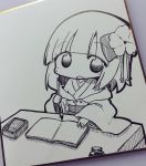  1girl :o bangs blank_page blunt_bangs book calligraphy_brush chibi flower greyscale hair_flower hair_ornament hieda_no_akyuu highres ink_bottle inkwell japanese_clothes kasuga_yuuki kimono long_sleeves looking_at_viewer monochrome open_book open_mouth paintbrush painting table tassel touhou wide_sleeves 