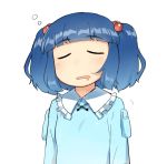  1girl bangs blue_hair blunt_bangs blush closed_eyes dress drooling hair_bobbles hair_ornament kawashiro_nitori long_sleeves monosenbei no_headgear no_headwear open_mouth shirt simple_background sleeping solo touhou twintails two_side_up upper_body white_background 