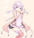  1girl animal_hood bunny_hood bunny_print collarbone dress flower hair_flower hair_ornament haishiki hands_together hood hood_down hoodie long_hair looking_at_viewer open_clothes open_hoodie open_mouth pink_background purple_hair solo thigh-highs twintails violet_eyes vocaloid voiceroid white_dress yuzuki_yukari yuzuki_yukari_(onn) yuzuki_yukari_(vocaloid4) 