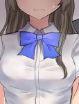 1girl bow breasts brown_hair commentary_request head_out_of_frame highres long_hair neit_ni_sei original pursed_lips school_uniform shirt short_sleeves sweatdrop 