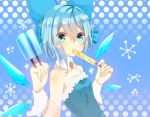  1girl alternate_costume bare_shoulders blue_dress blue_eyes blue_hair blue_ribbon bow cirno dress fairy_wings hair_bow ice ice_wings polka_dot polka_dot_background popsicle ribbon short_hair solo touhou varyu wings 