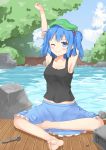  1girl arm_behind_head armpits arms_up bare_shoulders barefoot blue_eyes blue_hair blue_sky blush blush_stickers breasts cleavage clouds cloudy_sky collarbone eyebrows eyebrows_visible_through_hair forest hair_bobbles hair_ornament hat hazao_(luckytewi) highres kawashiro_nitori looking_at_viewer nature navel one_eye_closed pocket rock screw sideboob sitting skirt sky sleeveless smile soles solo stretch tank_top touhou tree two_side_up water wooden_floor wrench 