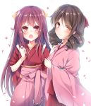  2girls :o anchor blush bow brown_eyes brown_hair drill_hair fang hair_bow hakama harukaze_(kantai_collection) japanese_clothes kamikaze_(kantai_collection) kantai_collection kimono long_hair long_sleeves looking_at_viewer multiple_girls murasakigo open_mouth petals pink_hakama pink_kimono purple_hair red_bow red_eyes red_hakama short_sleeves smile tasuki twin_drills very_long_hair violet_eyes wide_sleeves 