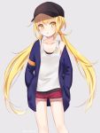  1girl bare_legs bare_shoulders baseball_cap black_hat blonde_hair collarbone cowboy_shot crescent denim flat_chest grey_background hair_tubes hands_in_pockets hat head_tilt ica jacket_off_shoulders jeans kantai_collection legs_together long_hair long_sleeves looking_at_viewer low_twintails pants red_shorts satsuki_(kantai_collection) shirt short_shorts shorts simple_background sleeveless solo standing tank_top twintails white_shirt yellow_eyes 