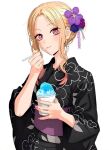 1girl black_kimono blonde_hair cup drinking floral_dress floral_print flower gradient gradient_background hair_flower hair_ornament holding holding_cup holding_spoon japanese_clothes kimono kitagawa_marin looking_at_viewer parted_bangs purple_flower red_eyes shaved_ice simple_background solo sono_bisque_doll_wa_koi_wo_suru spoon spoon_in_mouth upper_body white_background 